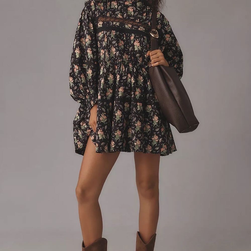 Anthropologie Pilcro Long-Sleeve floral and lace Mock-Neck Swing Mini Dress Pxs
